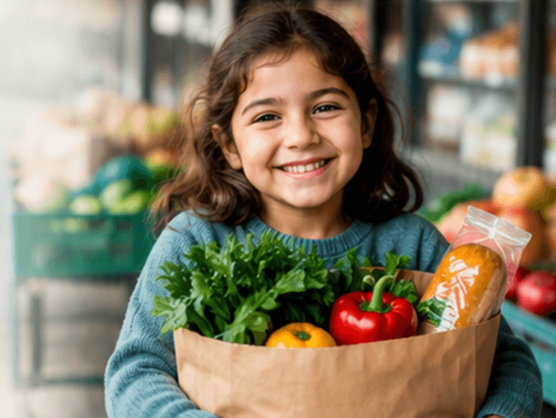 A girl holding a bag of fresh groceries
