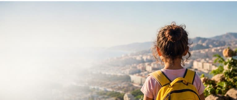 A girl with a backpack looking out over her community