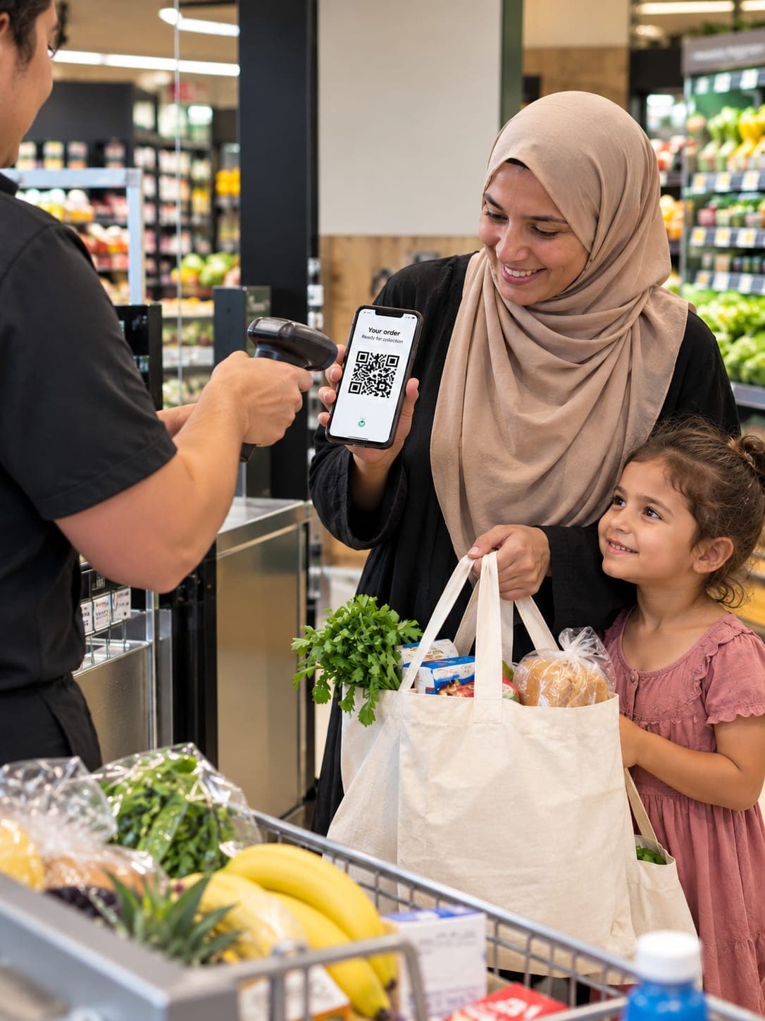 A family receives groceries at a local store